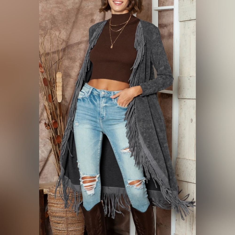 Blue Buttercup Fringe Open-Front Cardigan